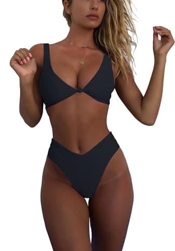 geluboao Womens Black Bikini Set High Waisted V Neck Swimsuit Sexy Kont Front Push Up Cheeky Brazilian Cut Thong Two Piece Bathing Suit M