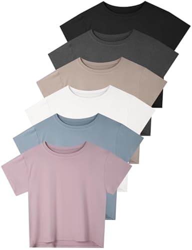 Dalavch 6 Pack Women's Crop Top Short Sleeve Athletic Workout Yoga Running Gym Casual Tees T-Shirts Loose Fit 1 Black 1 White 1 Heather Grey 1 Pink 1 Khaki 1 Blue Medium