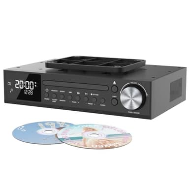 MONODEAL Bluetooth CD Player,Under Cabinet Kitchen FM Radio CD Player,Dual HD Speakers,Wireless Music System with LED Light,Remote Control,Kitchen Timer,Dual Alarm Clock Black