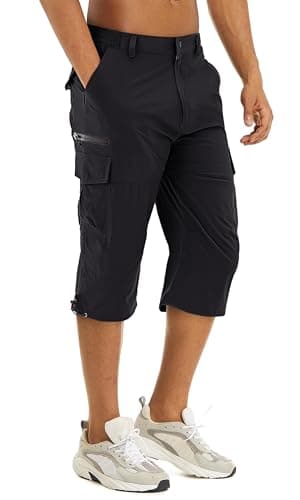 TACVASEN Cargo Shorts for Men 3/4 Length Pants Hiking Work Golf Travel Capri Pants Quick Dry Long Capri Shorts Below Knee Black