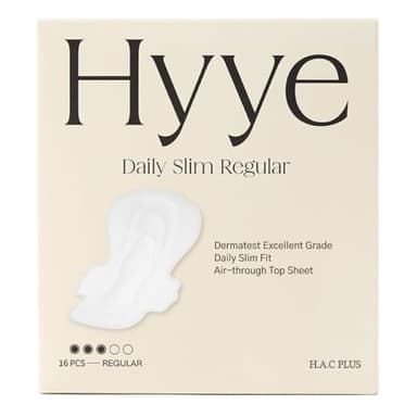 Hyye Ultra Thin Daily Sanitary Pads with Wings, High Absorbency, Air Flow Cotton Soft Touch Cover for Sensitive Skin, Unscented, Made in Korea (Regular, 16 Count)