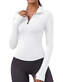 Womens Long Sleeve Workout Crop Tops Quick Dry Golf Shirt Quarter Zip Pullover Yoga Athletic Slim Fit Shirts(White,Large)