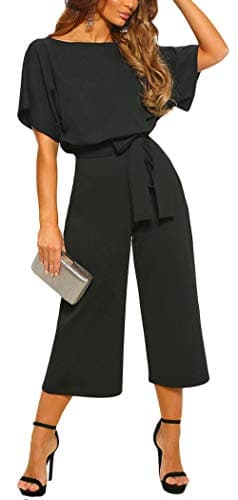 CHARTOU Women's Short Sleeve Bow Tie Wide Leg Cropped Capri Romper Palazzo Pants Jumpsuit (X-Small,Black)