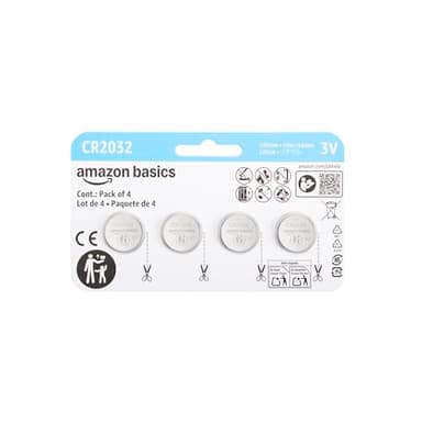 Amazon Basics CR2032 3V Lithium Coin Cell Batteries, Child-Proof Package, Non-Coated, AirTag Compatible, 4-Pack
