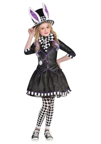 Fun Costumes Girls Dark Mad Hatter Costume | Kids Dress with Attached Jacket, Tights, Bow Tie, Choker and Hat for Halloween Medium