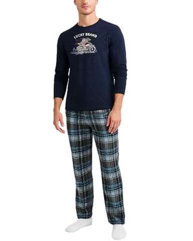 Lucky Brand Mens Pajamas Set - 2 Piece 30'' Inseam Soft Long Sleeve T Shirt Men & Fleece Pajama Pants Sleepwear Lounge PJ Set, Size Medium, Mood Indigo/Grey Plaid
