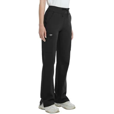 QBK High Rise Yoga Scrub Pants Women - Straight Wide Leg Uniform Pants with Cargo Pocket, Anti-Wrinkle & Knit Yoga Waistband (Regular, Black, M)