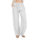 Womens Travel Pants Summer Pants 2023 Cotton Linen Elastic Waist Drawstring Wide Leg Ankle Length Lounge Pant with Pockets