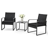 Bezseller 3 Piece Outdoor Patio Furniture Set, Patio Bistro Set Wicker Conversation Set, Modern Rattan Chair with Glass Coffee Table for Backyard, Porches, Poolside, Lawn and Balcony