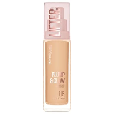 Maybelline Lifter Plump & Glow Foundation, Liquid Foundation with 2% Niacinamide + Hyaluronic Acid, Plumping and Brightening Face Makeup, 118, 1 Count