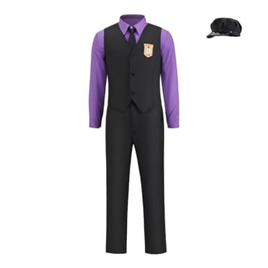 Movie Freddy Costume Purple Shirt Pants Uniform Outfit Full Suit with Hat for Men Adult (Purple, L)