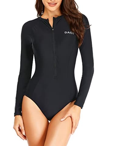 Daci Women Black-1 Rash Guard Long Sleeve One Piece Swimsuit Zipper Surfing Bathing Suit UPF 50 M