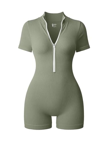 OQQ Women Rompers Ribbed Short Sleeve Zip Front Stretch Tummy Control Yoga Workout Rompers Greygreen
