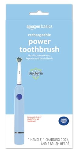 Amazon Basics Power Rechargeable Toothbrush with EasyFlex Brush Heads, Bacteria Defense and Replace-Me Bristles, 2-Minute Quadrant Timer