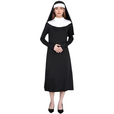 mifengda Halloween Women Nun Costumes Adult Nun Outfit Black Women Nun Costume Dress with Headpiece for Dress Up Party Cosplay(Small)