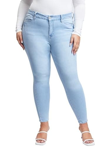 YMI Jeans Women's Plus Size Sustainable Curvy Fit Skinny Jeans, Light Blue, 16