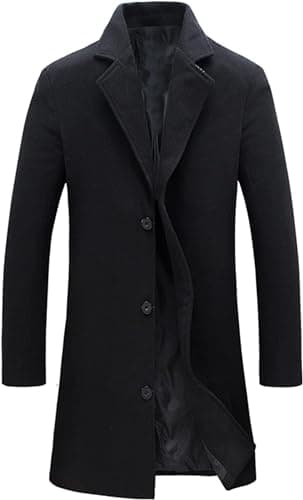 Springrain Men's Wool Blend Pea Coat Notched Collar Single Breasted Overcoat Warm Winter Trench Coat(Black-XS)