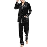 COLD POSH Men's Silk Long Pajamas Set for Men 2 Piece Sleepwear Lightweight Luxury Real Mulberry Silk Pajamas,Black,L
