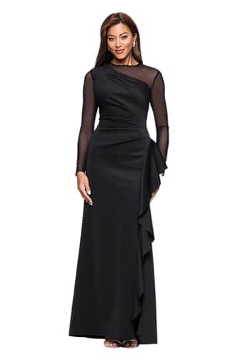 Xscape Women's Scuba Crepe Illusion Neck Mesh Sleeve Ruffle Floor Length Dress, Black, 14