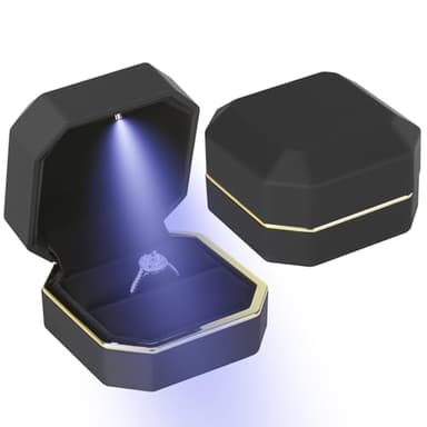 Luxury LED Jewelry Ring Box, Velvet Ring Gift Box Storage Case Organizer Holder for Proposal Engagement Wedding Anniversary Birthday Ceremony (Black)