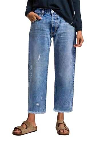 EVALESS Straight Leg Jeans for Women Mid High Waisted Frayed Distressed Baggy Pants Raw Hem Loose Stretchy Cropped Pants Bottom Sky Blue Size 10
