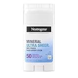 Neutrogena Ultra Sheer Dry Touch SPF 50 Mineral Sunscreen Stick for Sensitive Skin, Face & Body Sunscreen with Zinc Oxide & Vitamin E, No White Residue, Non-Comedogenic & Vegan, 1.5 oz