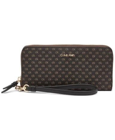 Calvin Klein Key Item Saffiano Continental Zip Around Wallet with Wristlet Strap, Brown/Khaki/Black Mini, One Size
