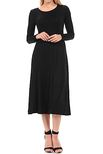 iconic luxe Women's Long Sleeve A-Line Fit and Flare Midi Dress Formal Casual Large Black