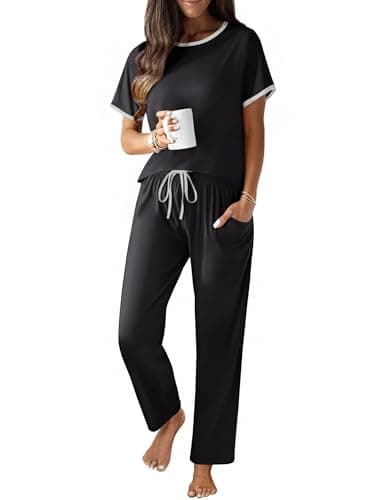 Ekouaer 100% Cotton Pajama for Women Short Sleeve Pj Top With Long Pants 2 Piece Lounge Set with Pocket Black Large