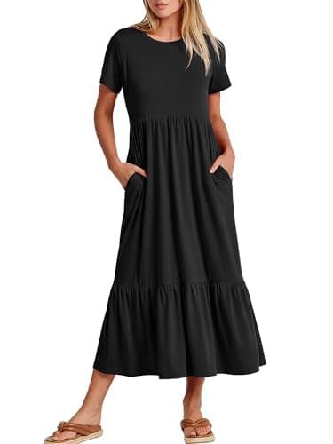 ANRABESS Womens 2025 Summer Casual Maxi Dress A line Tiered Flowy Short Sleeve Crewneck T Shirt Beach Travel Long Dresses Black Large