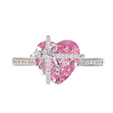 ZDIFDIC Dainty Cute 925 Silver Pink Heart Shaped Zircon Ring Bow Tie Ring for Women Anniversary Wedding Engagement Promise Rings CZ Diamond Eternity Band Opening Adjustable Ring (Pink)