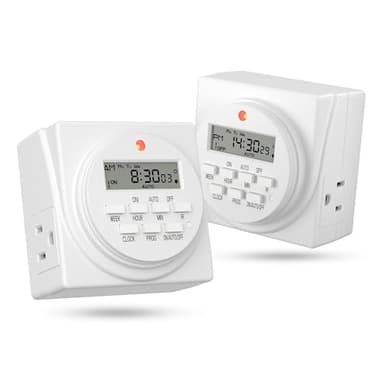 BN-LINK Indoor Digital Timer Outlet, Dual Outlet 7 Day Programmable Light Switch, 3 Prong Plug in Timers for Electrical Outlets, Lamps, Fans, 8 On/Off Programs, 2 Pack, 15A/1875W, ETL Listed