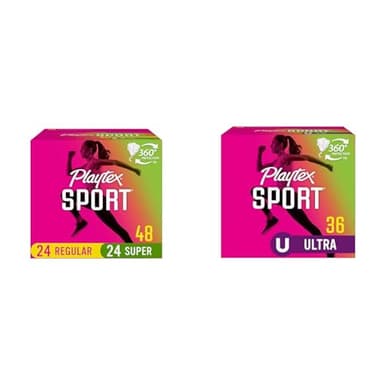 Playtex Sport Tampons, Multipack (24ct Regular/24ct Super Absorbency), Fragrance-Free - 48ct & Sport Tampons, Ultra Absorbency, Fragrance-Free - 36ct