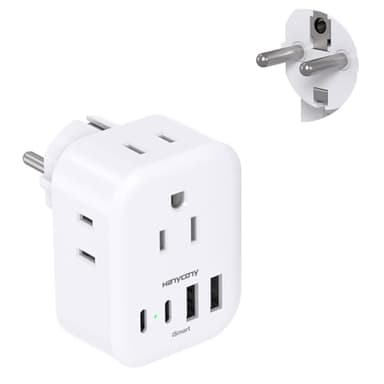 Type E F Plug Adapter, HANYCONY Germany France Travel Plug Adapter with 4 Outlets 4 USB Ports(2 USB C), European Power Adapter for US to Europe EU Spain Iceland Korea Greece Norway Russia German