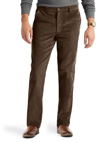 PLEPAN Men's Corduroy Pants - Casual Classic Fit Stretch Elastic Waist Dress Pants Dark Brown Large