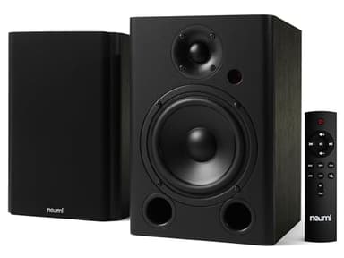 NEUMITECH NEUMI BS5P-ARC 75-Watt Powered Bookshelf Speakers, Bluetooth, HDMI, USB, Optical, Coaxial, Remote Control, 5-Inch Woofer, 1-Inch Tweeter, Dark Wood, 1 Pair