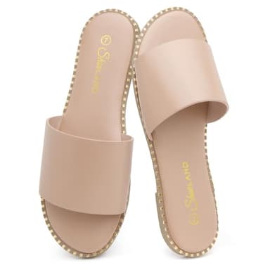 Shoe Land Flat Sandals for Women – Slip-On Slides with Cushioned Footbed | Comfortable Dressy & Casual Open Toe Summer Sandals for Beach, Travel & Everyday Wear, Taupe, Size 7.5, Carlena
