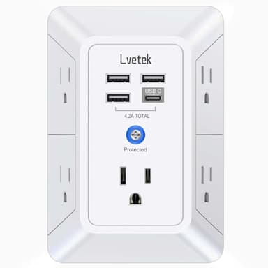 5 Outlet Extender Multi Plug Wall Outlets with 4 USB Charging Ports (1 USB C Outlet), 3 Sided 1680J Surge Protector Power Strip USB Wall Charger for Home, Office, Travel, ETL Listed, White