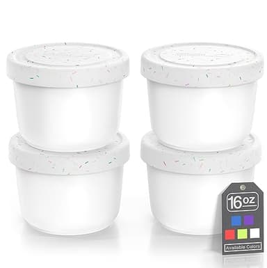 BALCI - 16oz Ice Cream Containers with Silicone Lids (Set of 4) - 1 Pint Each Freezer Food Storage Containers, Reusable, LeakProof, For Homemade IceCream Containers - White with Sprinkles