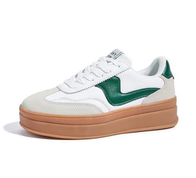 LUCKY STEP Women's Platform Fashion Sneakers Thick Sole Suede Genuine Leather Classic Rubber Gum Sole Low Top Casual Walking Shoes(White/Green,8 B(M) US)
