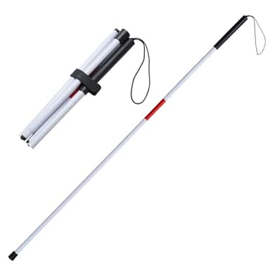 ADOEIAK Foldable White Cane(Blind Cane) with Red Reflective Strip, 49 Inch Lightweight Walking Stick for Vision Impaired, Anti-Slip Handle for Daily & Travel Use