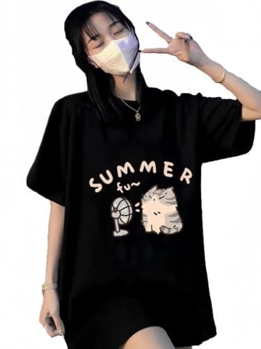 Women's Cute Cat Cartoon Print T-Shirt Kawaii Oversized Graphic Tees Y2K Men's Short Sleeve Tees Grunge Clothes (US, Alpha, Large, Regular, Regular, Black)