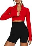 LEEDYA Womens Zip Up Jackets Crop Tops Compression Sweatshirts Long Sleeve Half Zip Yoga Sports Pullover Tops Outwear Red L