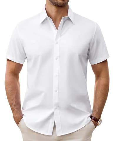 Lusead White Short Sleeve Dress Shirt Men Stretch Stain Shield Button Down Shirts Solid Wrinkle Free Formal Tops Office L