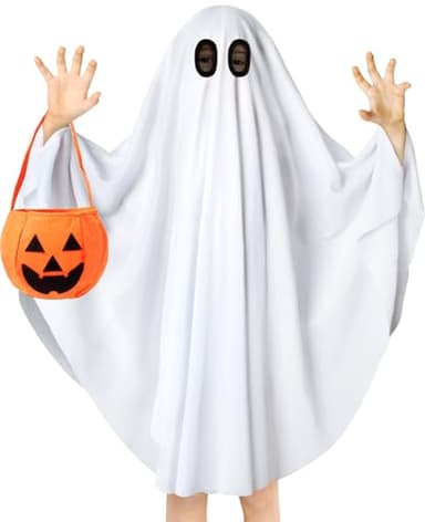 Snwquik Ghost Costume for Kids,Toddler Ghost Costume with Pumpkin Bag,Spooky Halloween Costumes Boys Girls Cosplay Dress Up (M(3-5Y))