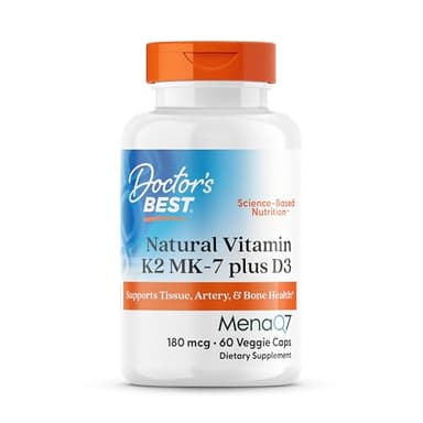 Doctors Best Natural Vitamin K2 MK-7 Plus D3, Supports Tissue, Artery, & Bone Health, Non-GMO, Gluten Free, Soy Free, Vegetarian 60 Veggie Caps