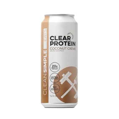 Clean Simple Eats Clear Protein Water, 20G Grass Fed Whey Protein, Ultra Filtered, Light & Refreshing Beverage, Low Lactose, No Artificial Ingredients, Coconut Créme Flavor, 16 Oz Cans, 12 Pack