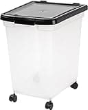 IRIS USA WeatherPro Airtight Dog Food Storage Container 50 Pound, Removable Wheels, for Dog Cat Bird Pet Food Storage Bin, Keep Fresh, Translucent Body, Easy Mobility, Clear/Black