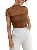 REORIA Women’s Summer Sexy Mock Turtle Neck Short Sleeve Slimming Shirts Sheer Mesh Ruched Fashion Night Out Thong Body Suits Tops Coffee X-Large