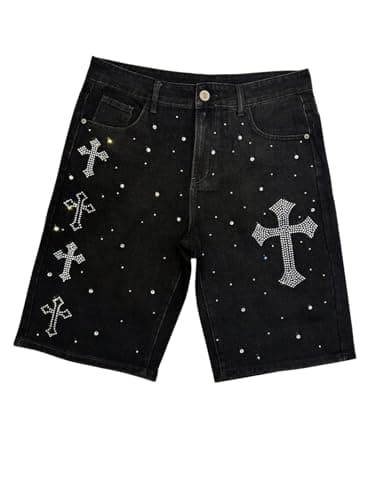 WDIRARA Men's Rhinestone Denim Shorts Frayed Raw Hem Straight Leg Jean Shorts Streetwear Black Glitter 30